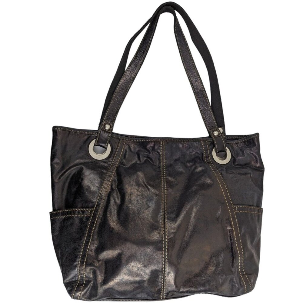 Fossil Black Leather Shoulder Handbag Tote Magnet Closure with Inner Pockets
